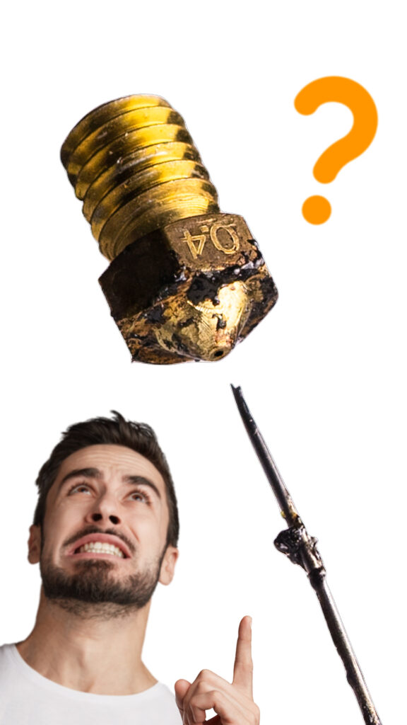 homem olha assustado para um nozzle de impressão 3D sujo e questiona se está na altura de o limpar.